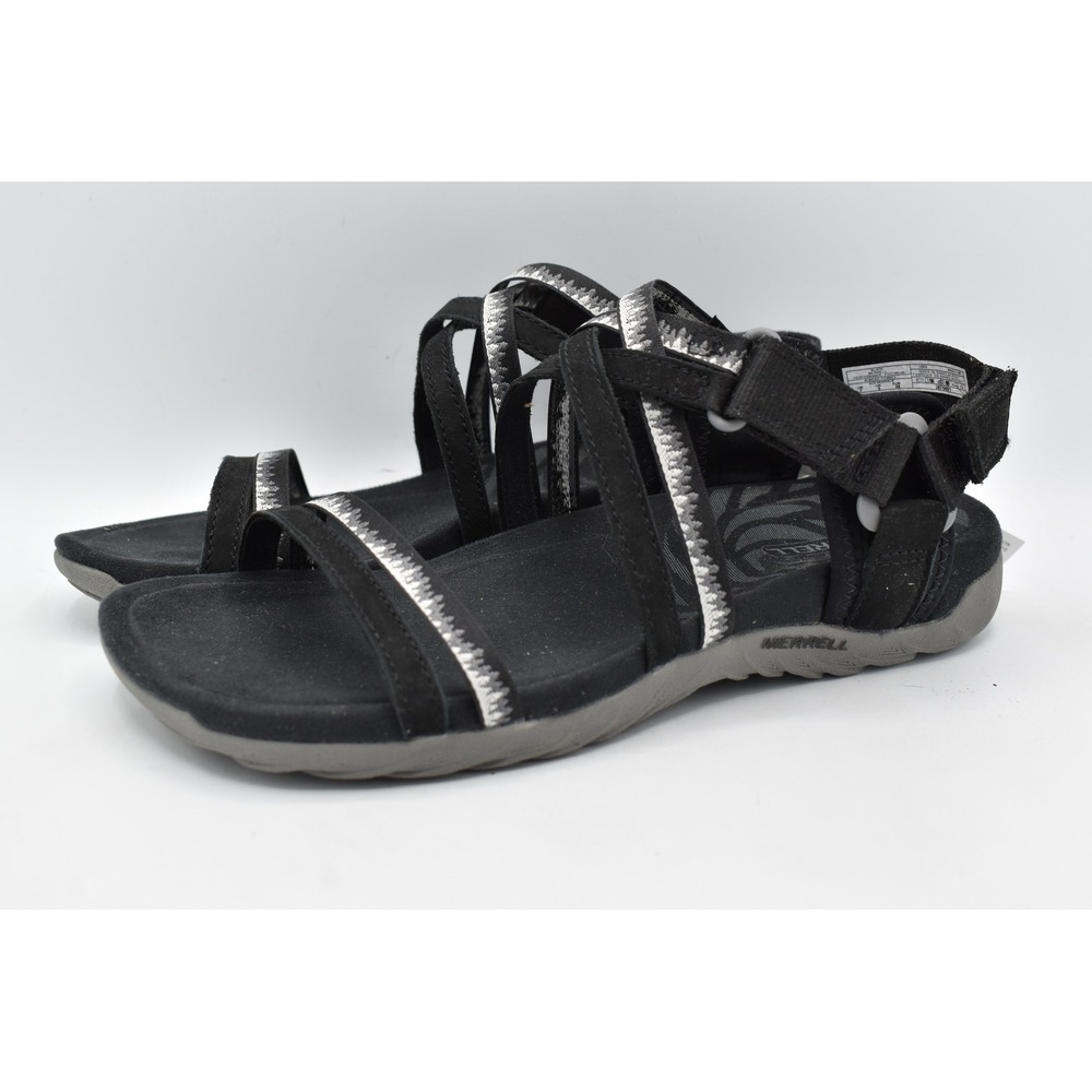 Merrell Womens Size 7 Wide Width Terran 3 Cush Lattice Black Leather Sandals
